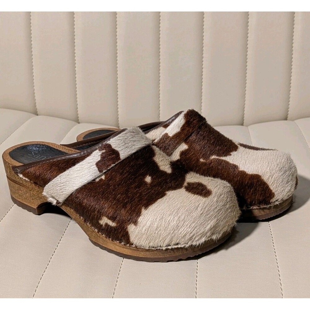 Sanita Brown and White Cowhide Clog Mules